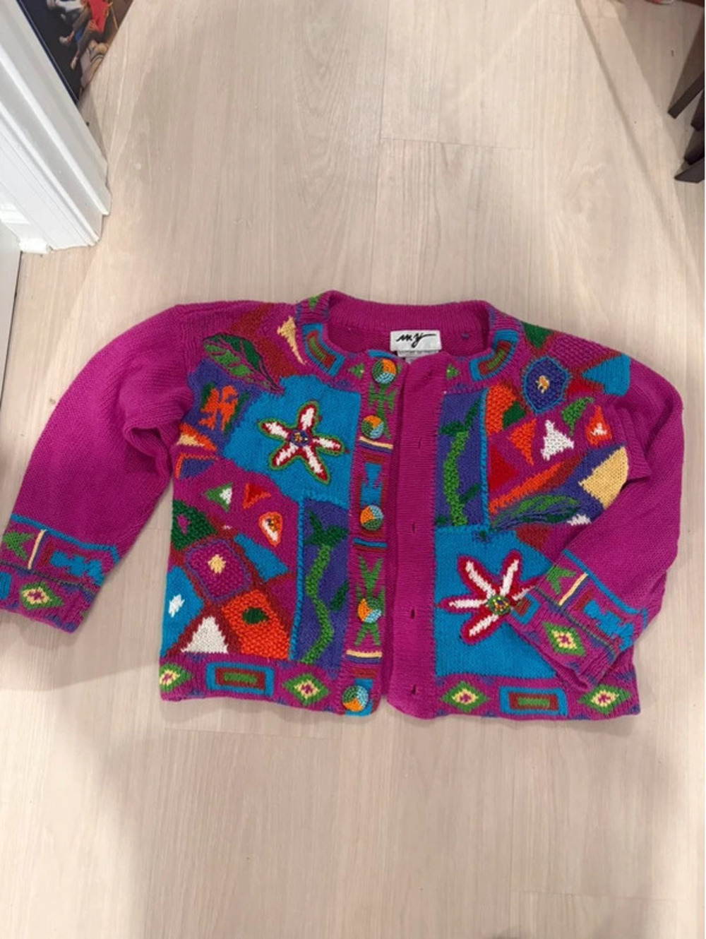 Vintage 90s MY Hand Knit Beaded Patchwork Cardigan Colorful Art Sweater size L